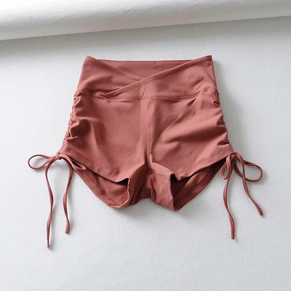 Women's Hot Style Side Drawstring Yoga Shorts Summer New Peach Hip Tight Running Sports Hot Pants