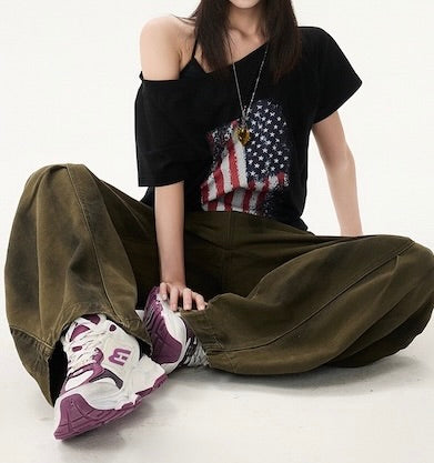 Graffiti Wash Spliced Denim Pants – Wide-Leg Loose Fit