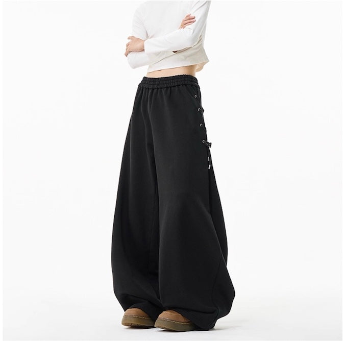 Retro Pleated Tie-Waist Sweatpants – Loose Wide-Leg Casual Fit