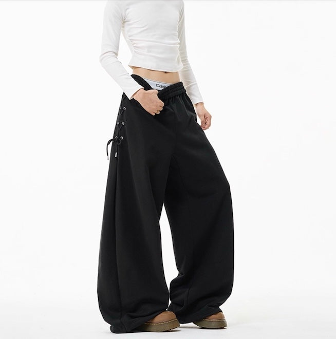 Retro Pleated Tie-Waist Sweatpants – Loose Wide-Leg Casual Fit
