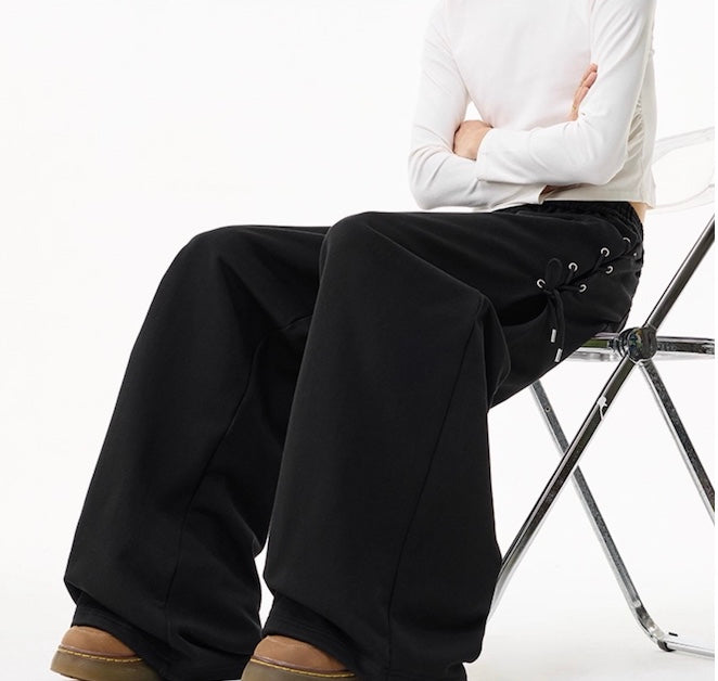 Retro Pleated Tie-Waist Sweatpants – Loose Wide-Leg Casual Fit