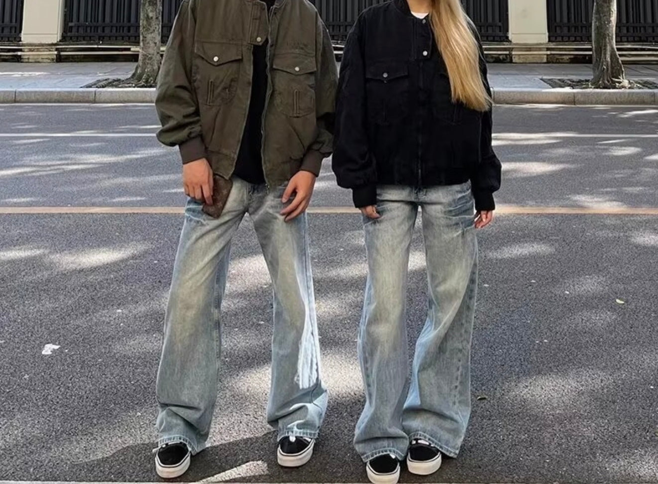 Washed Distressed  - Blue Denim Jeans - Wide Leg Jeans